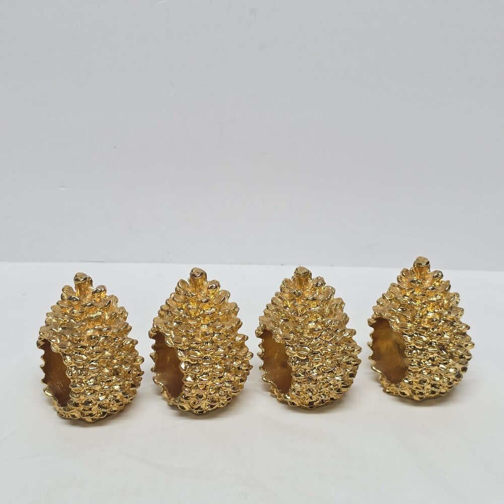 Vintage Department 56 Pinecone Gold Tone Napkin Rings Set of 4 Christmas Holiday